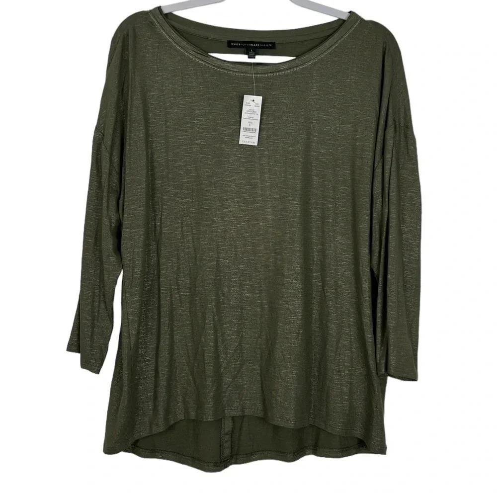 White House Black Market‎ Women’s L Scoop Neck 3Q Drop Shoulder Top Olive Green